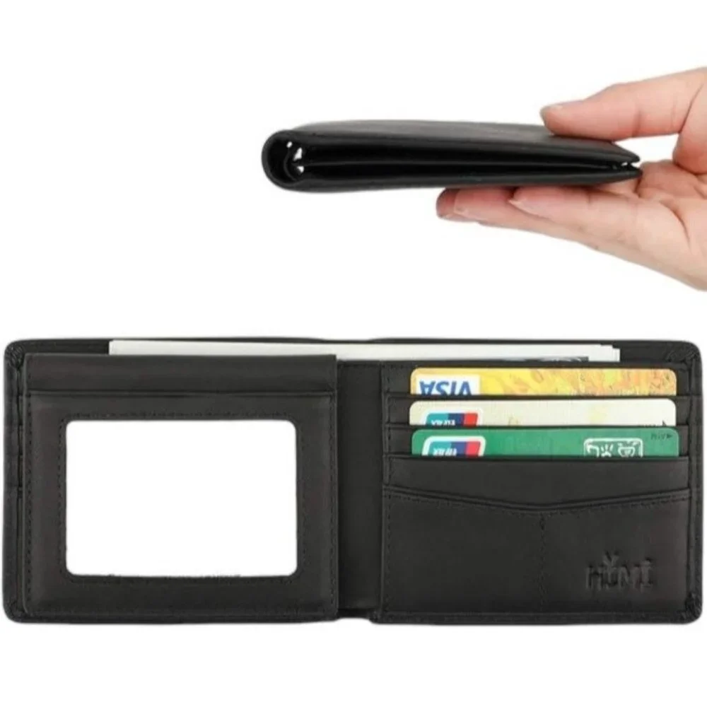 Mens Genuine Leather Wallet RFID Blocking Bifold 2‎ ID Window Black NEW